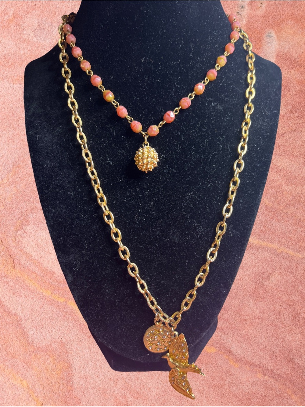 Seasonal Whispers Gold Tone Pink Beaded Two Strand Charm Necklace